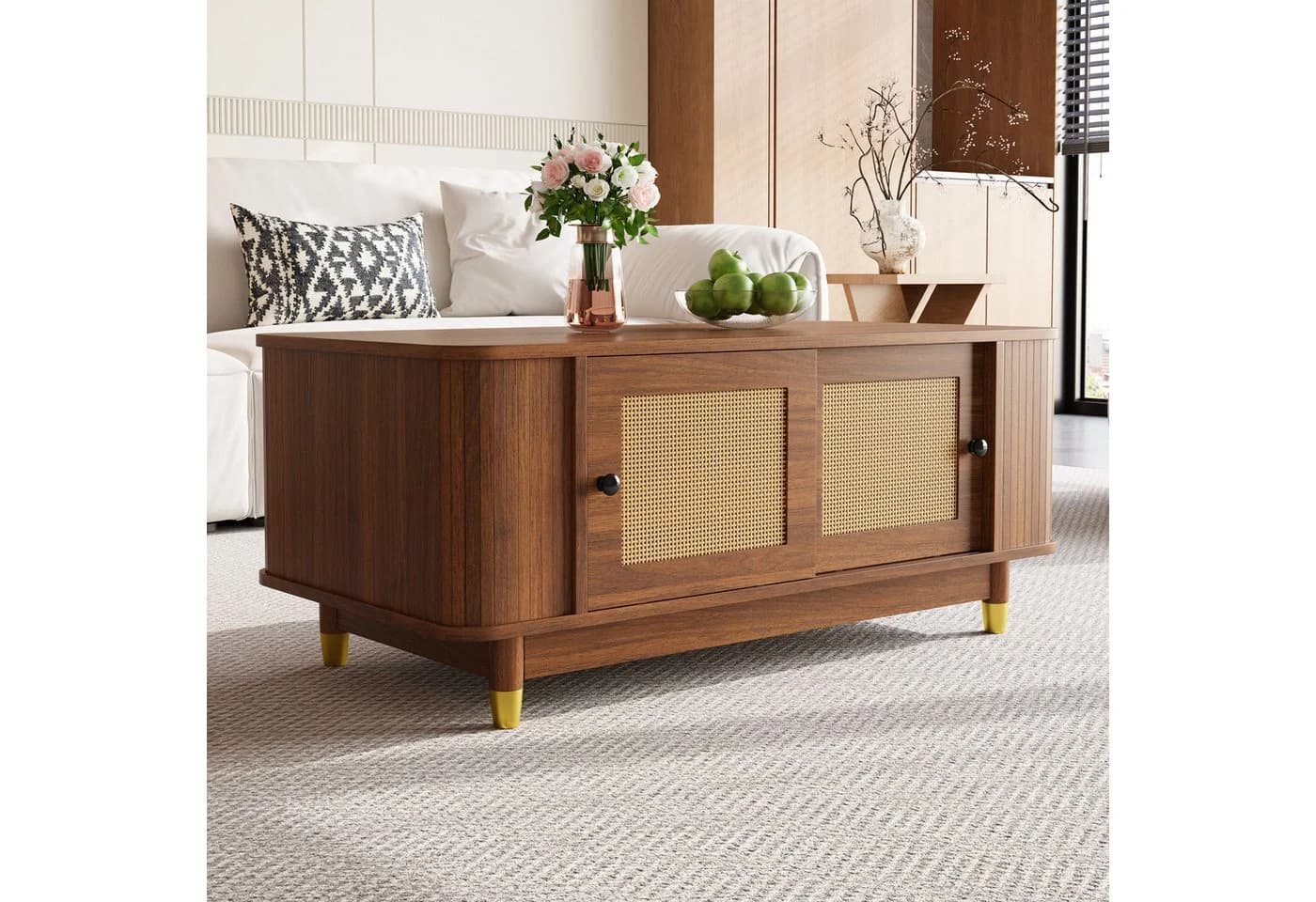 Merax Couchtisch Nussbaum-Holzoptik mit Rattan-Schiebetüren - Bild 2