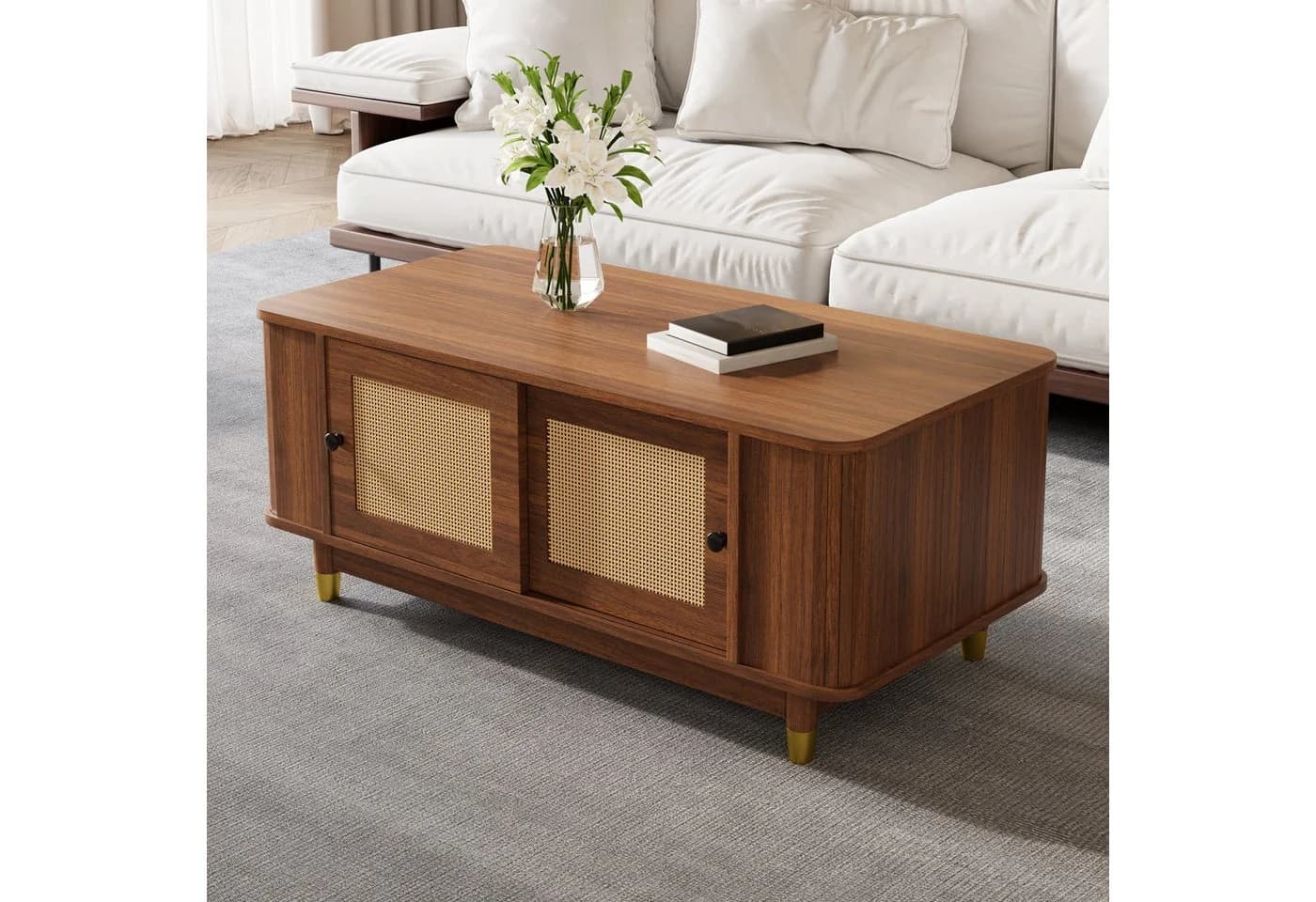 Merax Couchtisch Nussbaum-Holzoptik mit Rattan-Schiebetüren - Bild 3