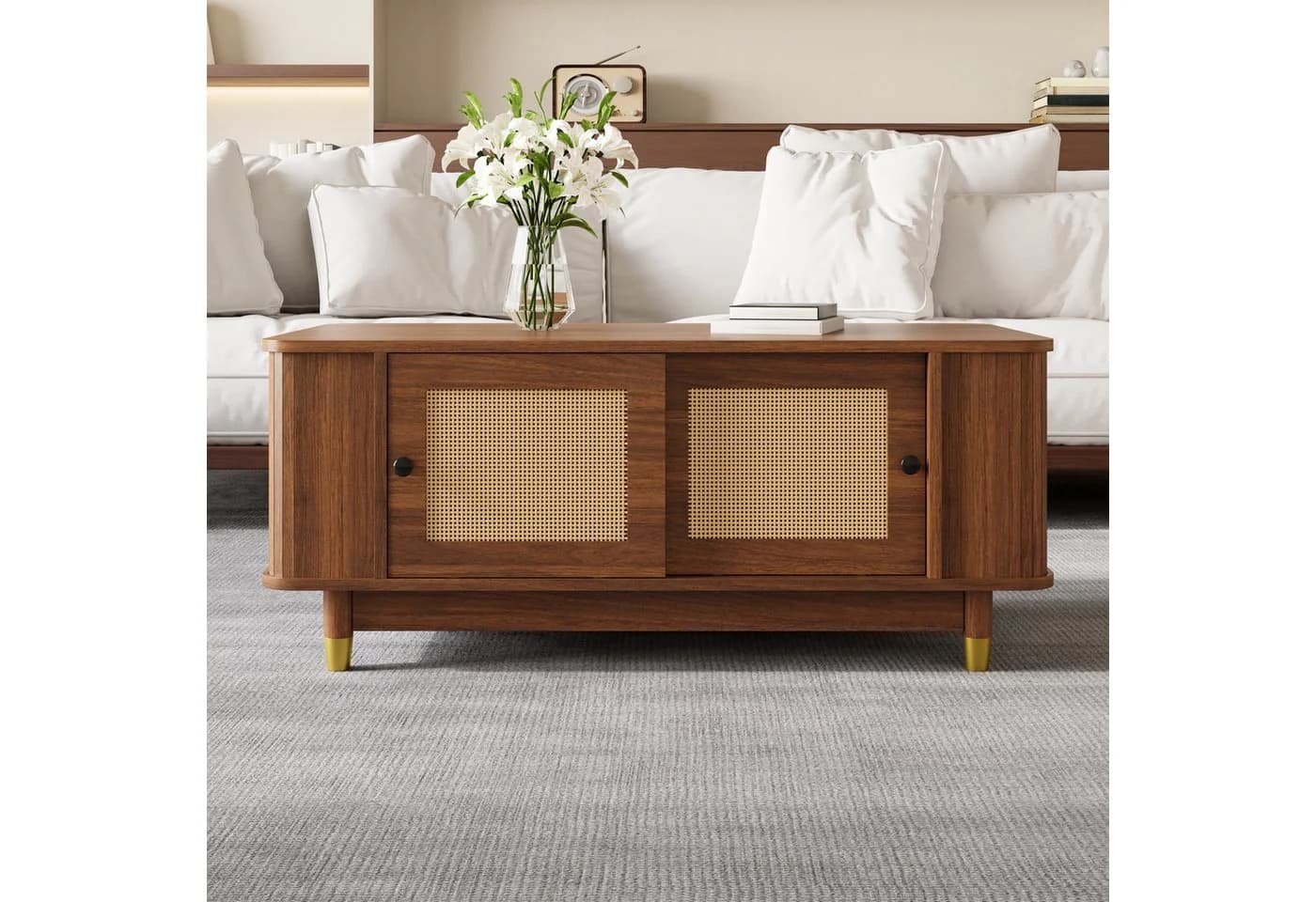 Merax Couchtisch Nussbaum-Holzoptik mit Rattan-Schiebetüren - Bild 4