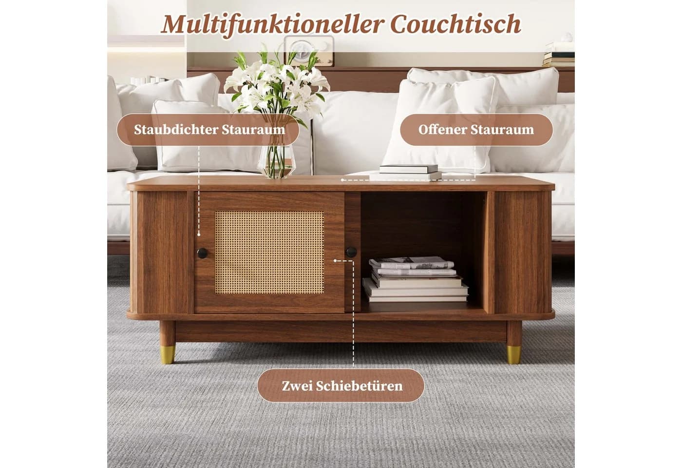 Merax Couchtisch Nussbaum-Holzoptik mit Rattan-Schiebetüren - Bild 5