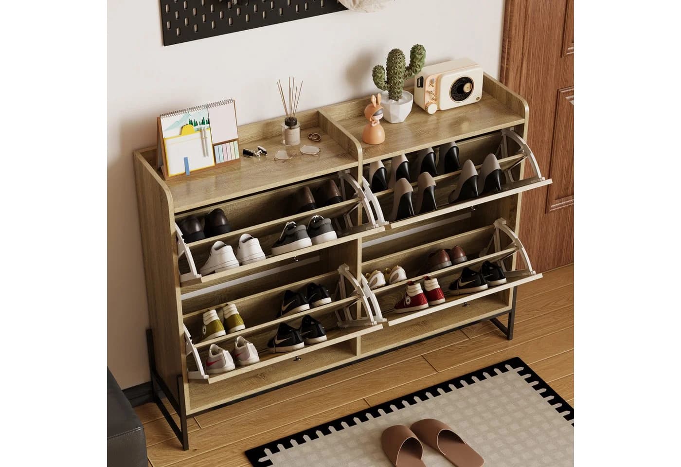 Merax Schuhschrank 4 Klappen PE-Rattan Front Holzoptik