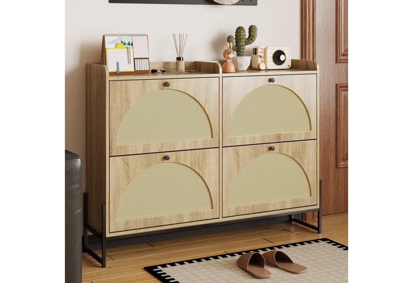 Merax Schuhschrank 4 Klappen PE-Rattan Front Holzoptik - Bild 2
