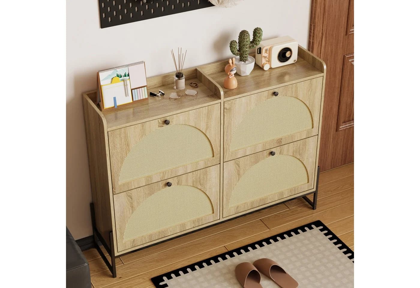 Merax Schuhschrank 4 Klappen PE-Rattan Front Holzoptik - Bild 3