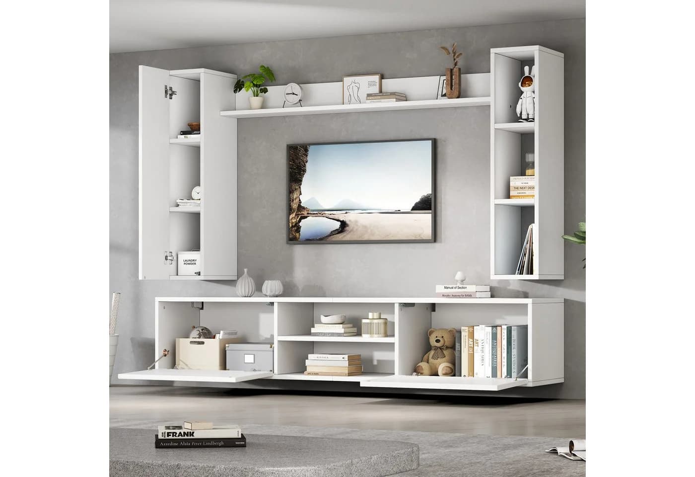 Merax Wohnwand mit Vitrine und TV-Schrank, 4-st, 2 Wandschränke & Wandregal, flexibles Design, stehend & hängend