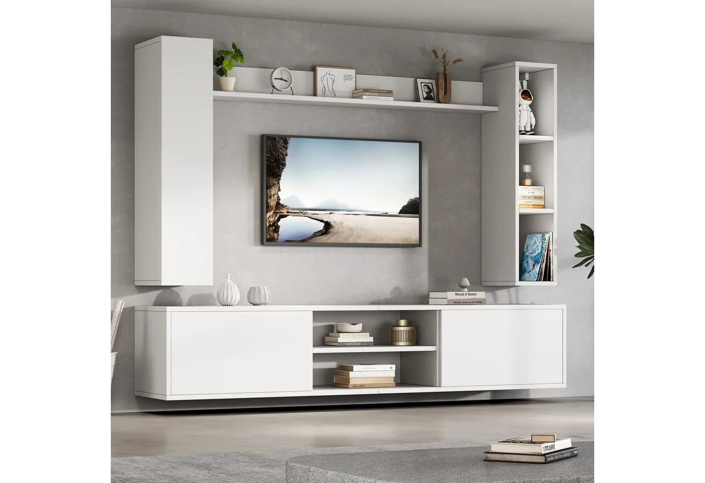 Merax Wohnwand mit Vitrine und TV-Schrank, 4-st, 2 Wandschränke & Wandregal, flexibles Design, stehend & hängend - Bild 2