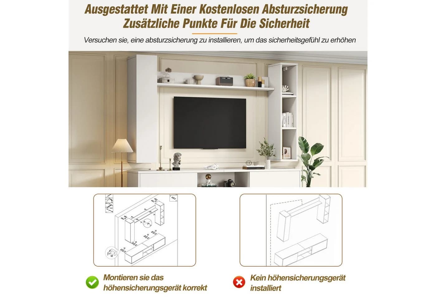 Merax Wohnwand mit Vitrine und TV-Schrank, 4-st, 2 Wandschränke & Wandregal, flexibles Design, stehend & hängend - Bild 5