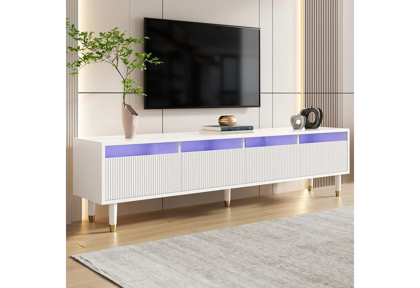 Merax TV-Schrank Lowboard mit LED-Beleuchtung und 4 Acryl-Schubladen Weiß - Bild 2