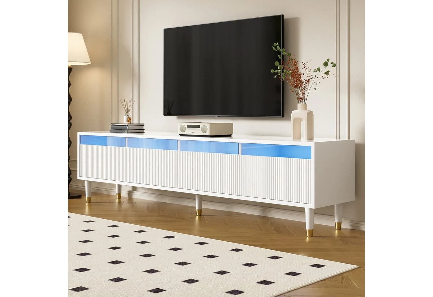 Merax TV-Schrank Lowboard mit LED-Beleuchtung und 4 Acryl-Schubladen Weiß - Bild 3