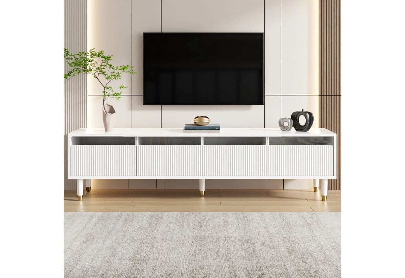 Merax TV-Schrank Lowboard mit LED-Beleuchtung und 4 Acryl-Schubladen Weiß - Bild 5