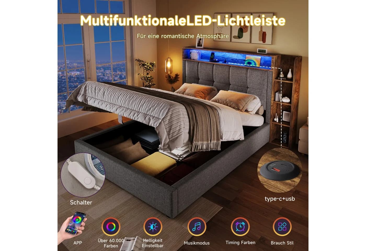 Merax Polsterbett 90x200cm LED USB Typ-C Ladefunktion - Bild 5
