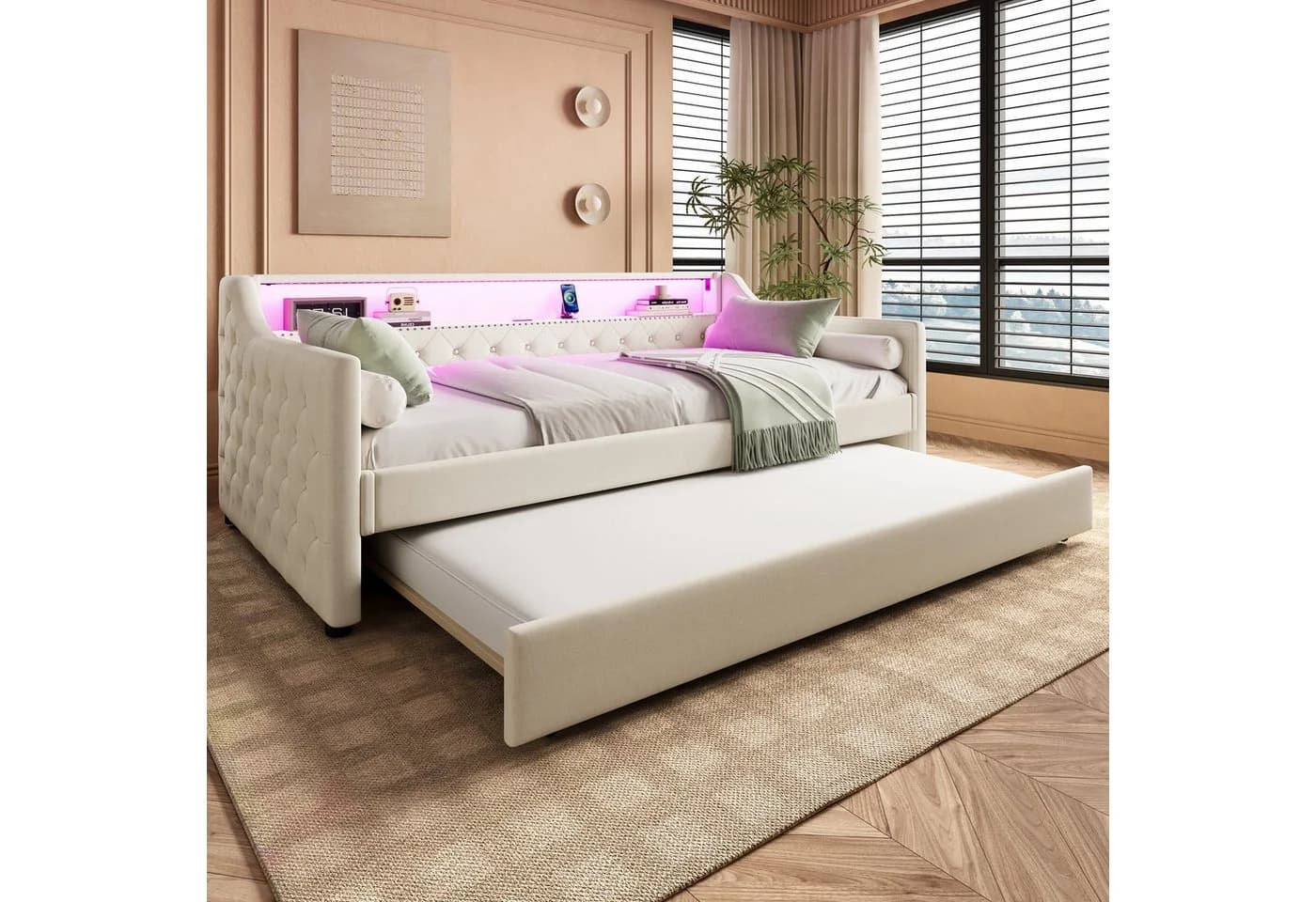 Merax Daybett Sofabett mit LED & USB Leinenstoff Beige - Bild 2