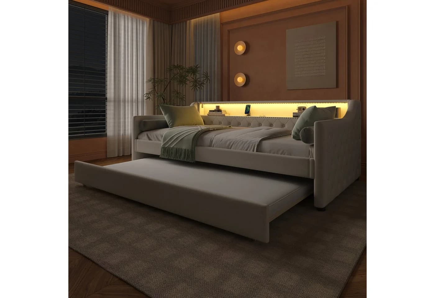 Merax Daybett Sofabett mit LED & USB Leinenstoff Beige - Bild 4