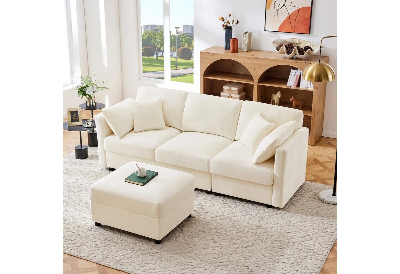 Merax Ecksofa L-förmig Sofa mit Fußhocker, Chenille-Stoff, 3-Sitzer Schlafsofa
