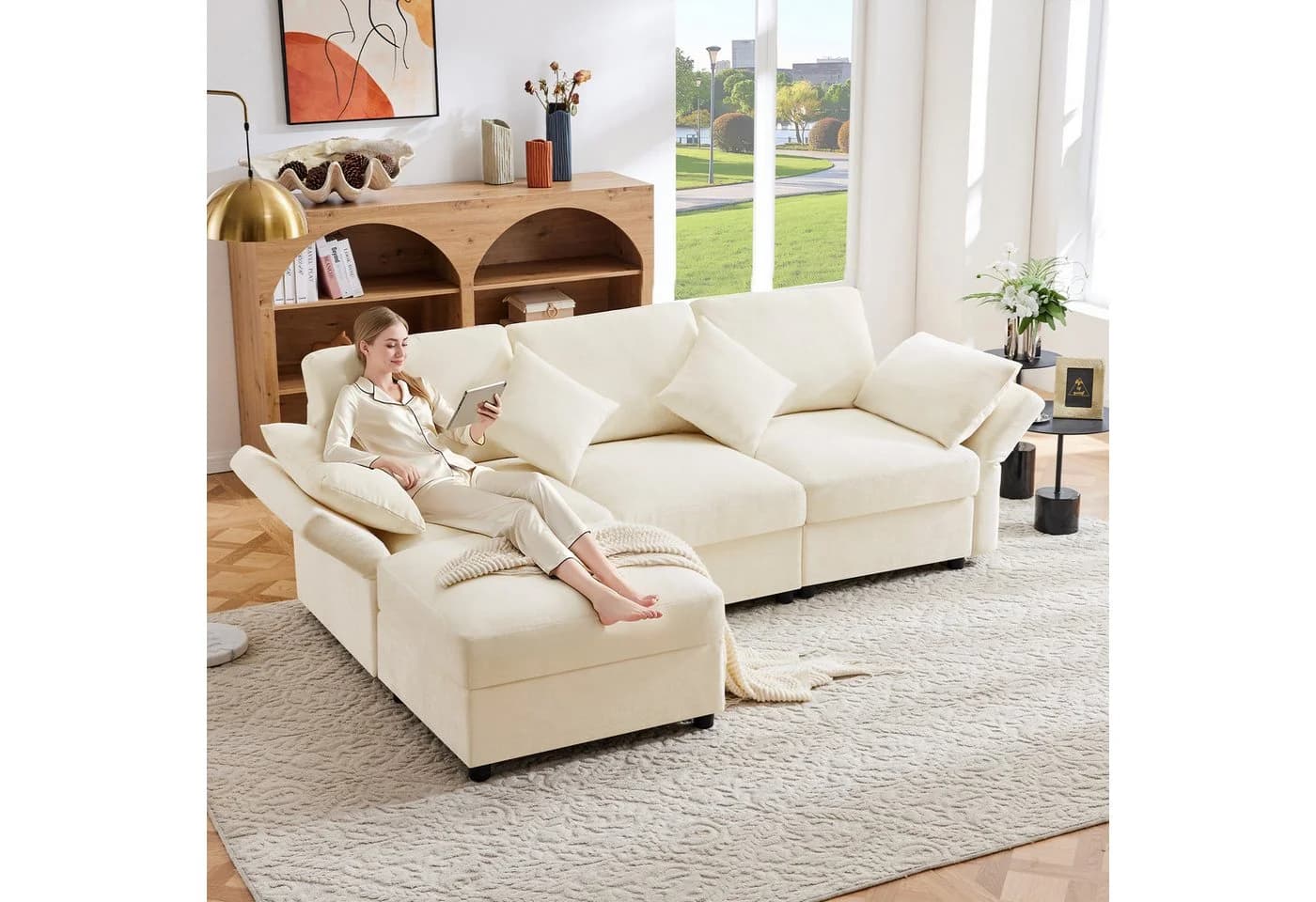Merax Ecksofa L-förmig Sofa mit Fußhocker, Chenille-Stoff, 3-Sitzer Schlafsofa - Bild 2