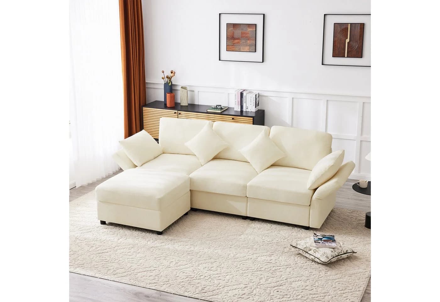 Merax Ecksofa L-förmig Sofa mit Fußhocker, Chenille-Stoff, 3-Sitzer Schlafsofa - Bild 4