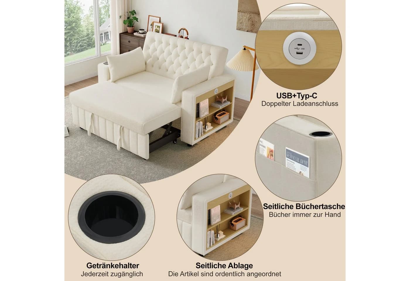 Merax Schlafsofa 3-in-1 Ausziehsofa mit USB-Anschluss und Getränkehalter - Bild 4