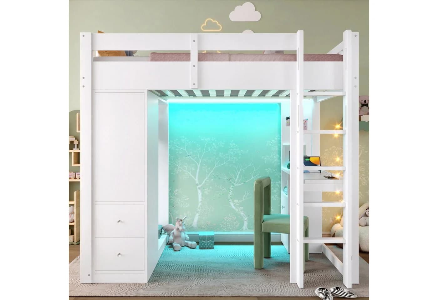 Merax Hochbett 90x200cm mit LED-Beleuchtung & USB Kieferholz