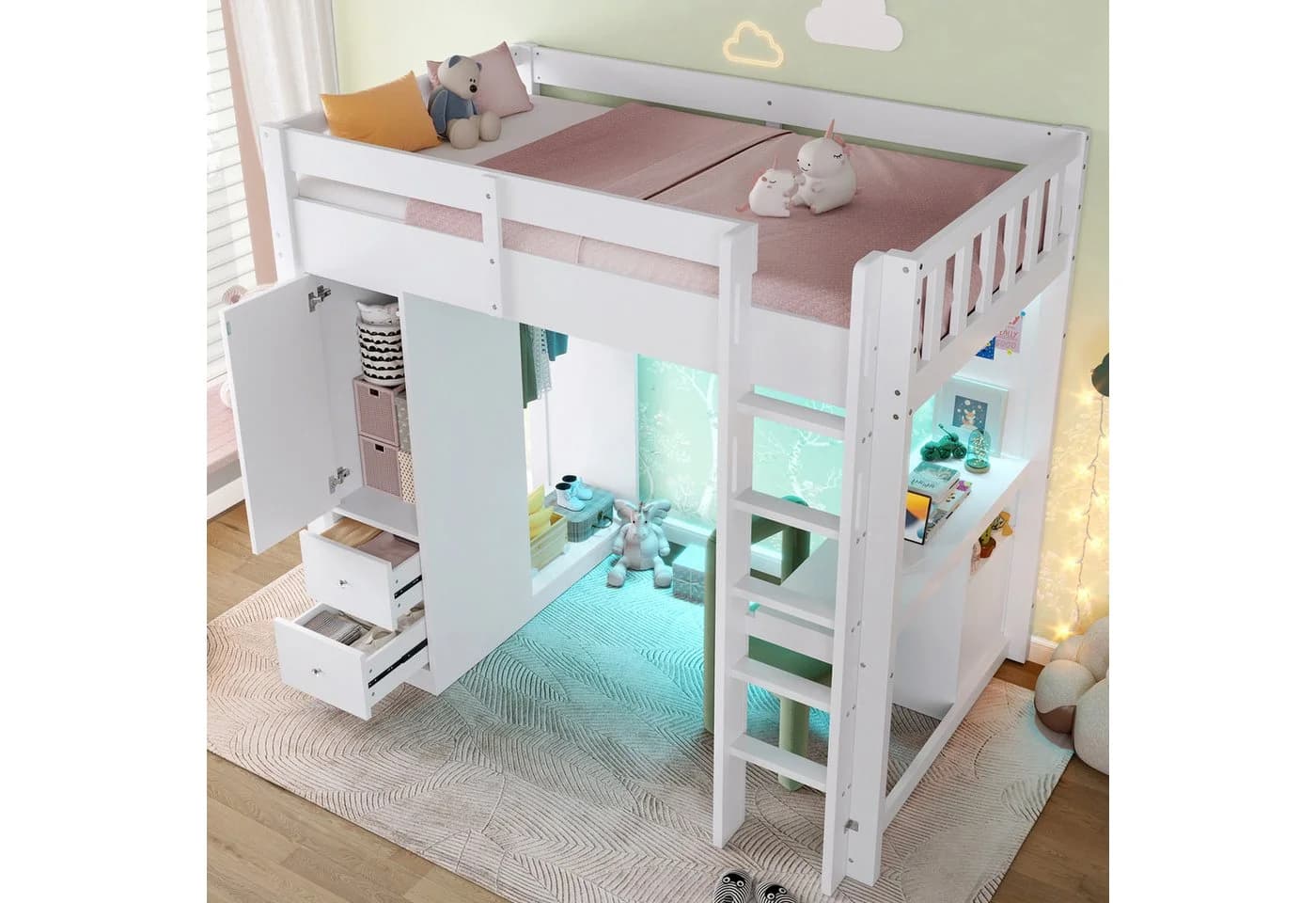 Merax Hochbett 90x200cm mit LED-Beleuchtung & USB Kieferholz - Bild 3