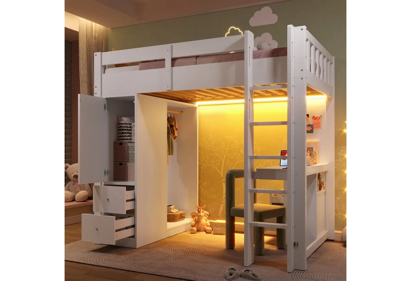 Merax Hochbett 90x200cm mit LED-Beleuchtung & USB Kieferholz - Bild 4
