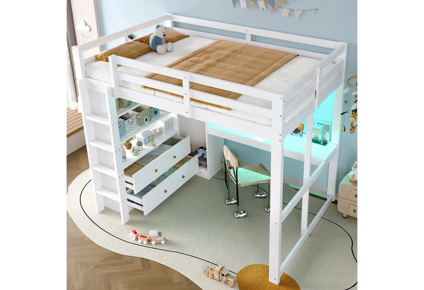 Merax Hochbett 140x200cm mit Schreibtisch, LED & USB Weiß - Bild 3