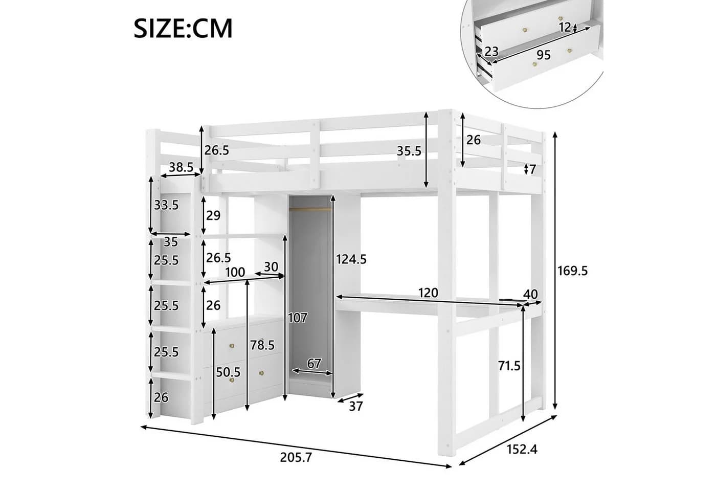 Merax Hochbett 140x200cm mit Schreibtisch, LED & USB Weiß - Bild 5