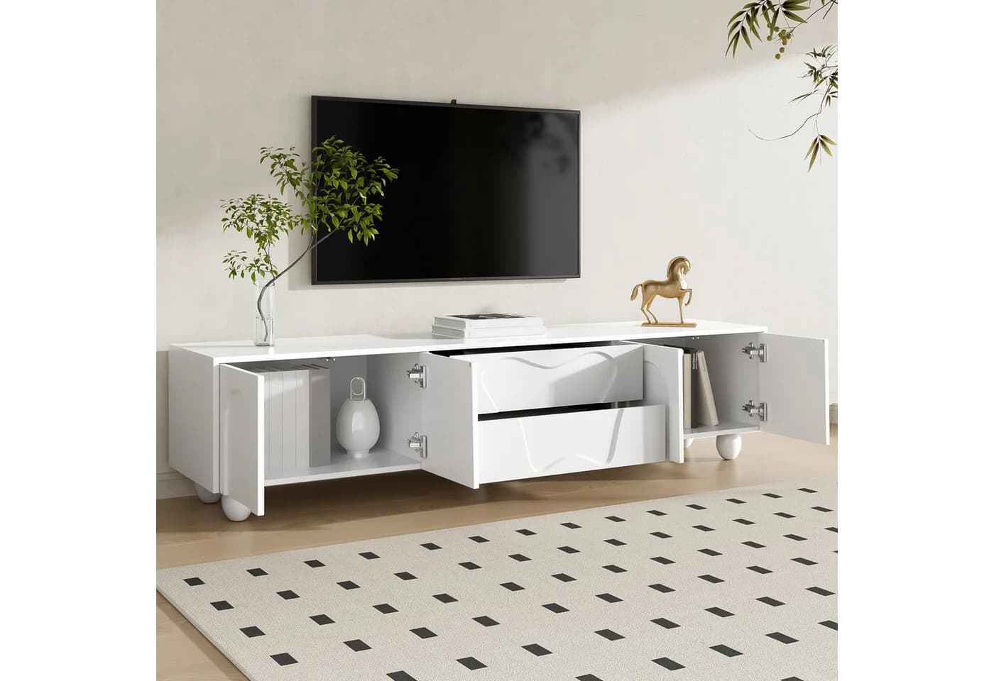 Merax Lowboard TV-Schrank 180cm Weiß mit Holzbeinen