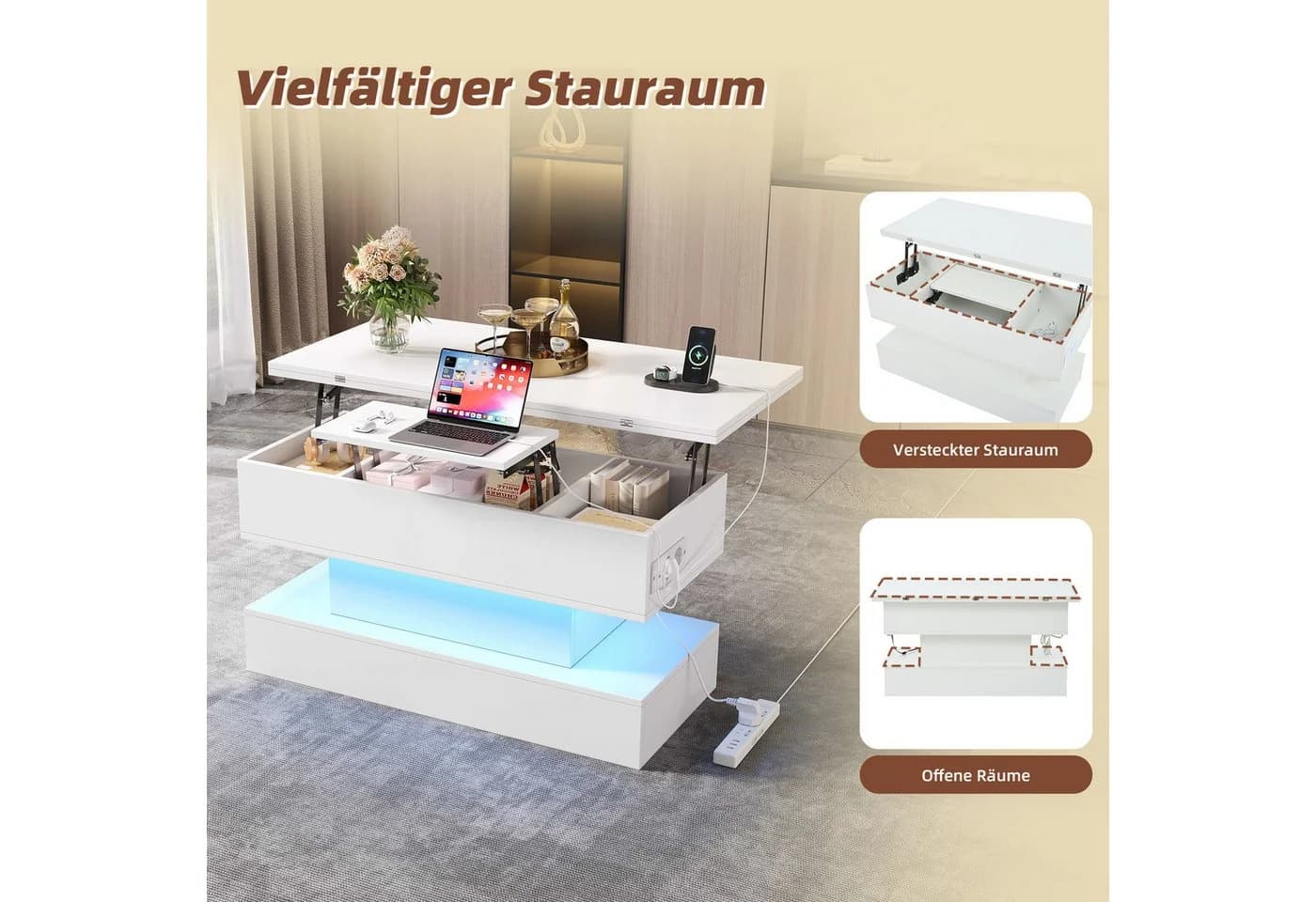 Merax Couchtisch höhenverstellbar & ausklappbar mit LED & USB - Bild 5