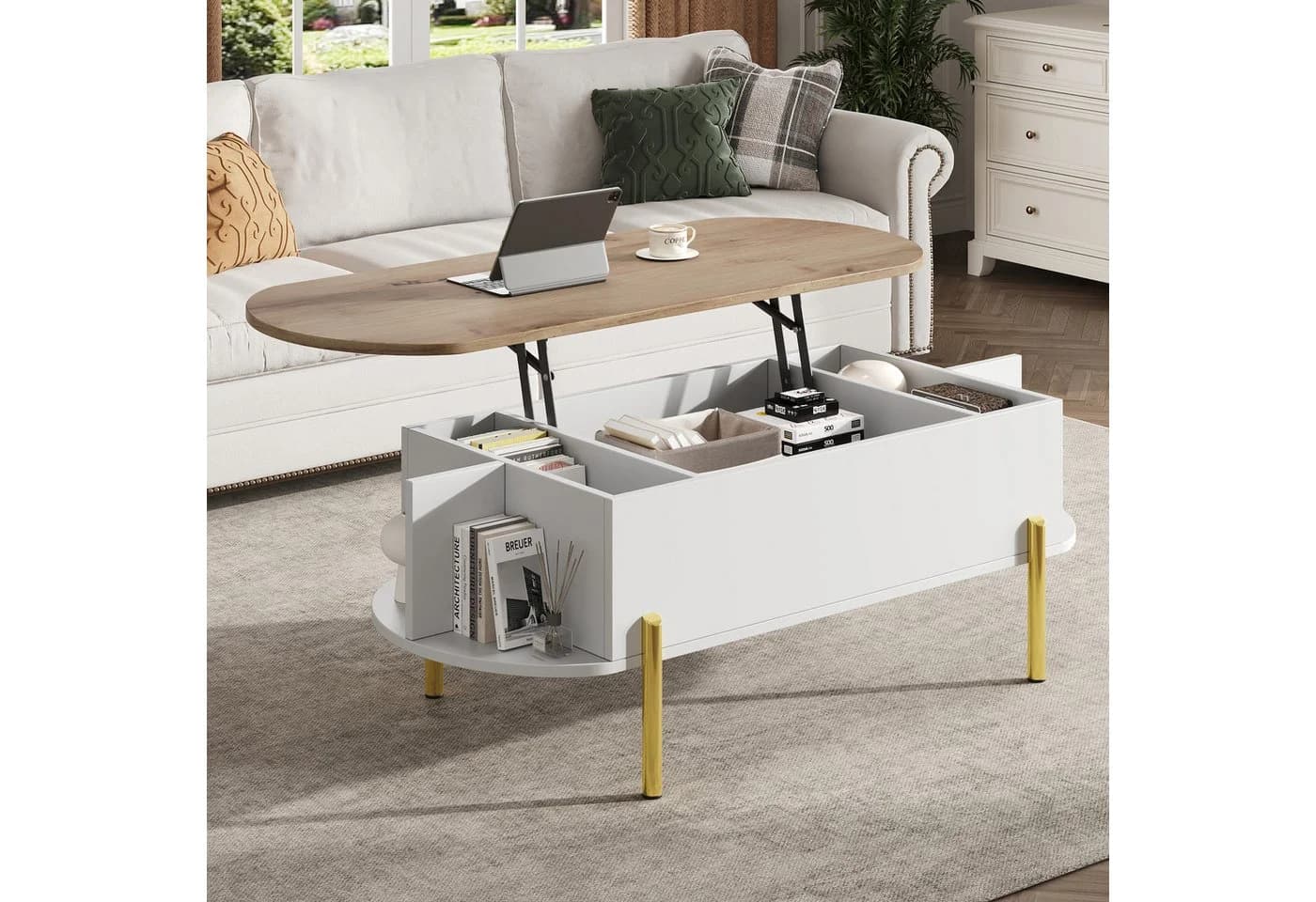 Merax Couchtisch höhenverstellbar mit Lift-Top, goldfarbenen Beinen & Stauraum - Bild 2
