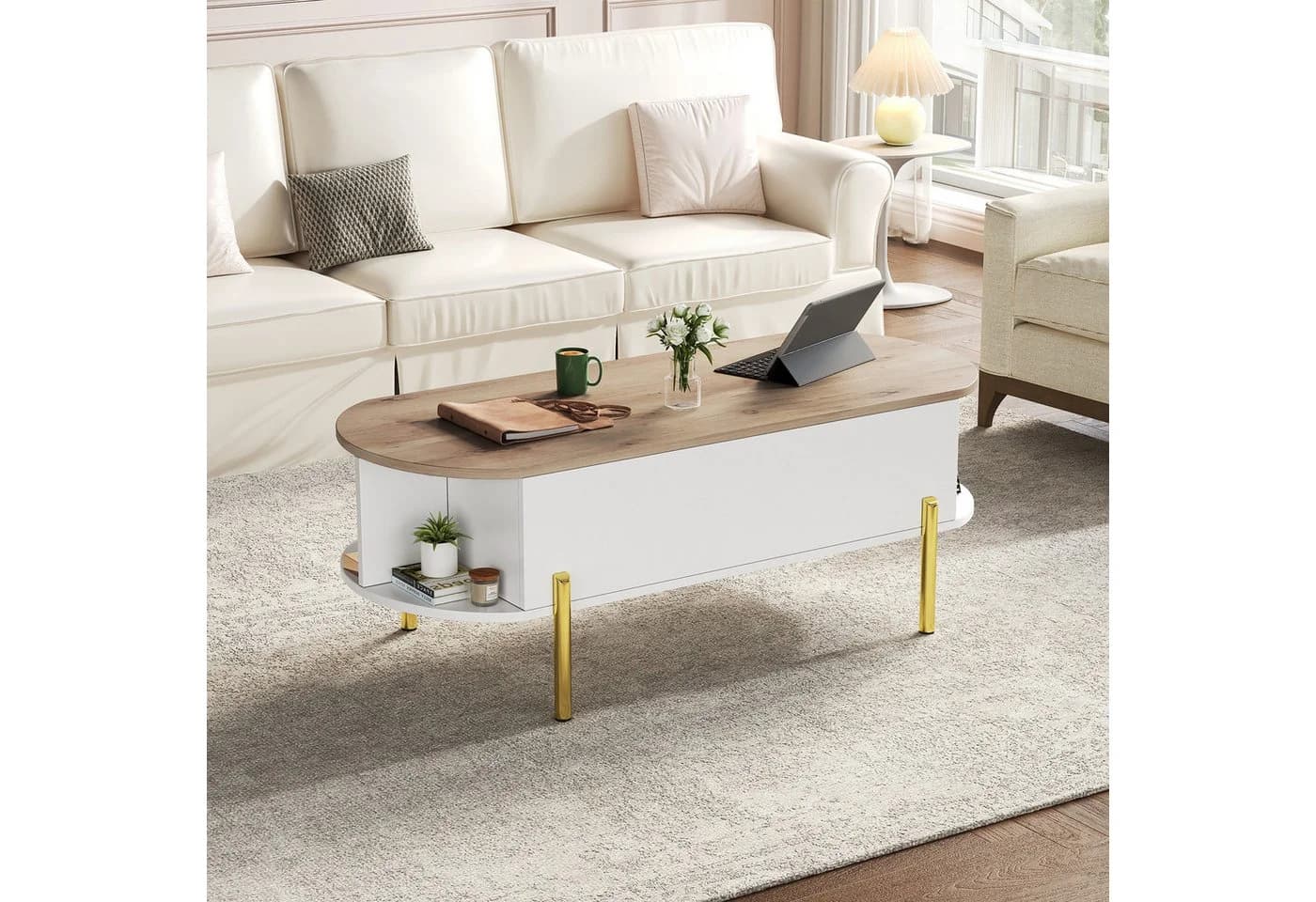 Merax Couchtisch höhenverstellbar mit Lift-Top, goldfarbenen Beinen & Stauraum - Bild 3