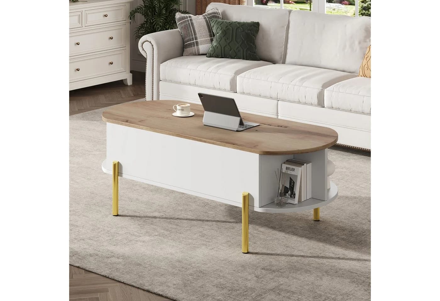 Merax Couchtisch höhenverstellbar mit Lift-Top, goldfarbenen Beinen & Stauraum - Bild 4