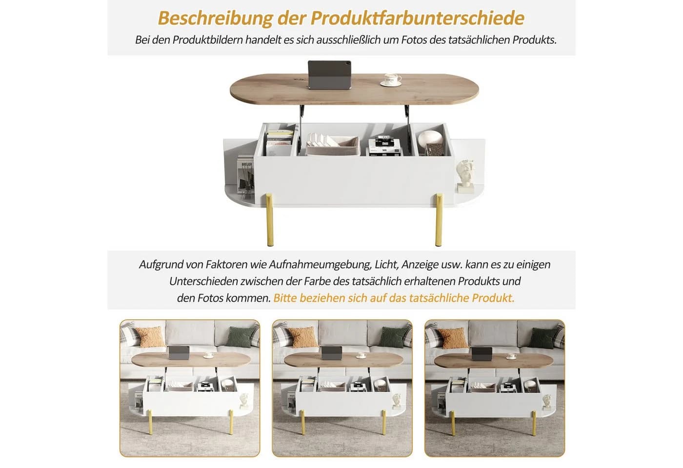 Merax Couchtisch höhenverstellbar mit Lift-Top, goldfarbenen Beinen & Stauraum - Bild 5