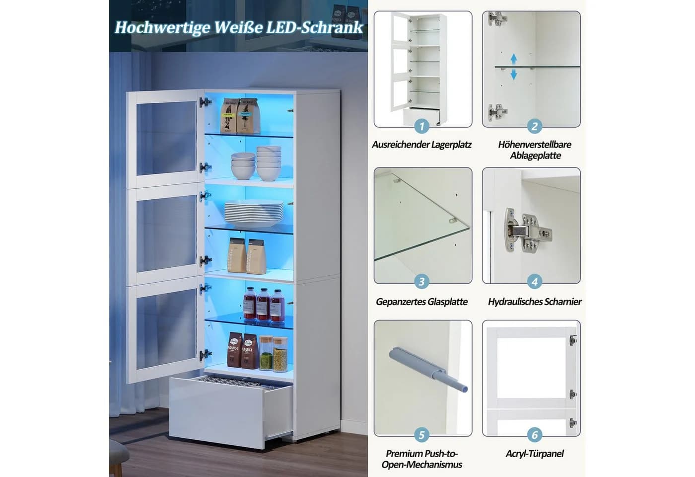 Merax Vitrine Weiß Hochglanz mit LED-Beleuchtung und App-Steuerung - Bild 5