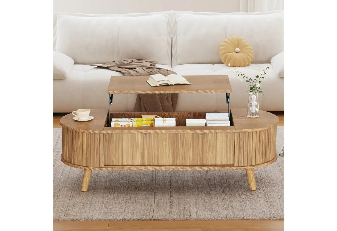Merax Couchtisch anhebbarer Sofatisch mit Liftfunktion im Walnuss-Design