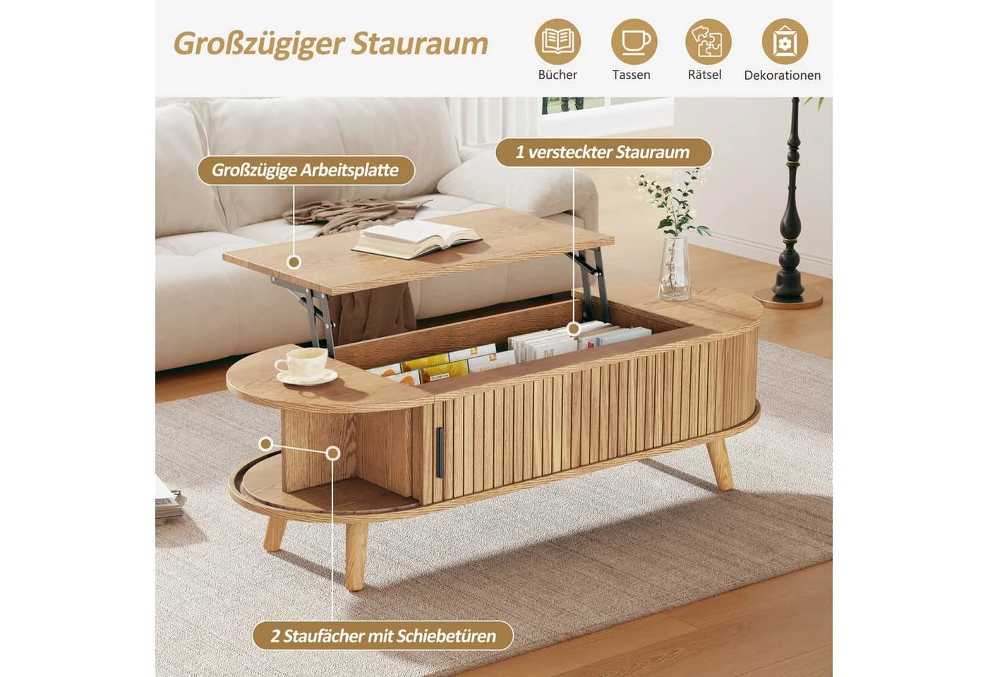 Merax Couchtisch anhebbarer Sofatisch mit Liftfunktion im Walnuss-Design - Bild 4