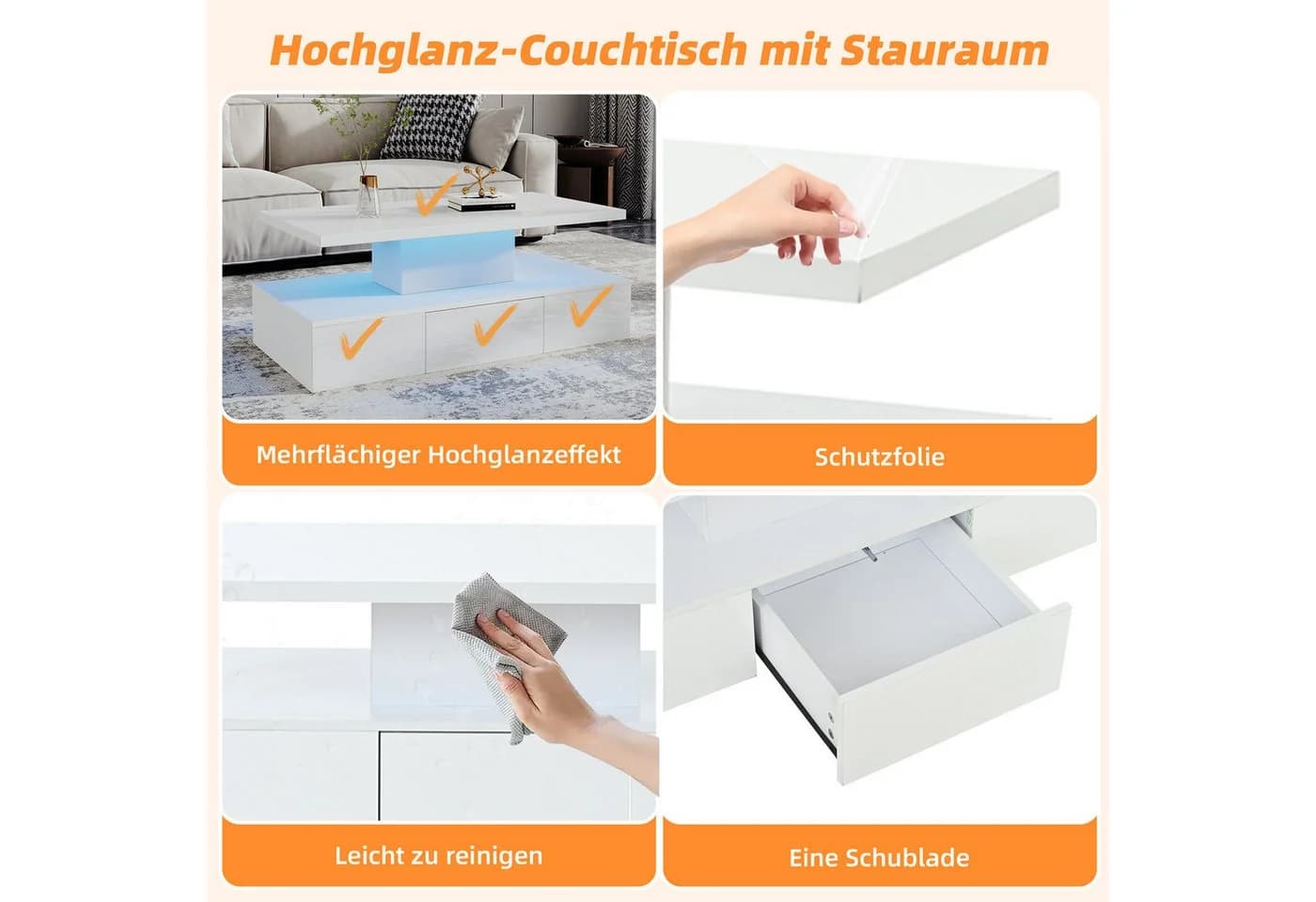 Merax LED-Couchtisch Hochglanz mit Stauraum und Beleuchtung - Bild 4