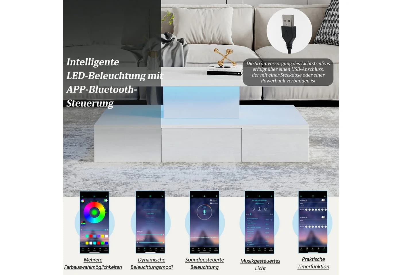 Merax LED-Couchtisch Hochglanz mit Stauraum und Beleuchtung - Bild 5