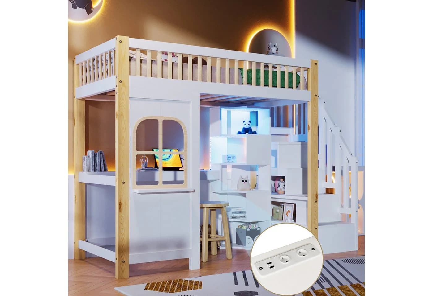 Merax Hochbett 90x200 cm mit LED, Schreibtisch & Steckdose Weiß - Bild 2