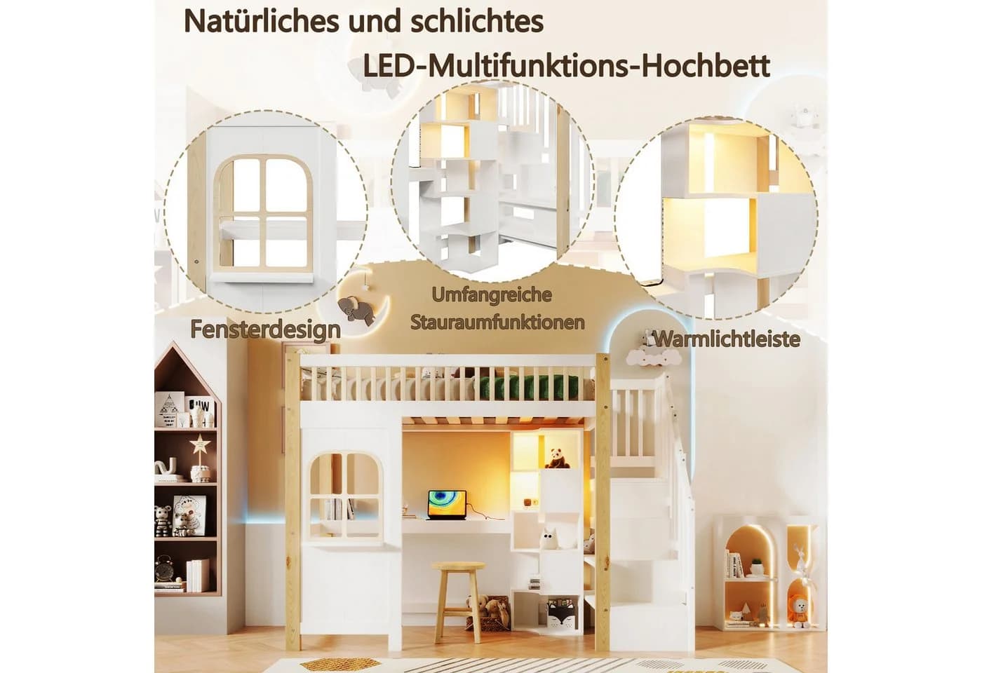 Merax Hochbett 90x200 cm mit LED, Schreibtisch & Steckdose Weiß - Bild 5