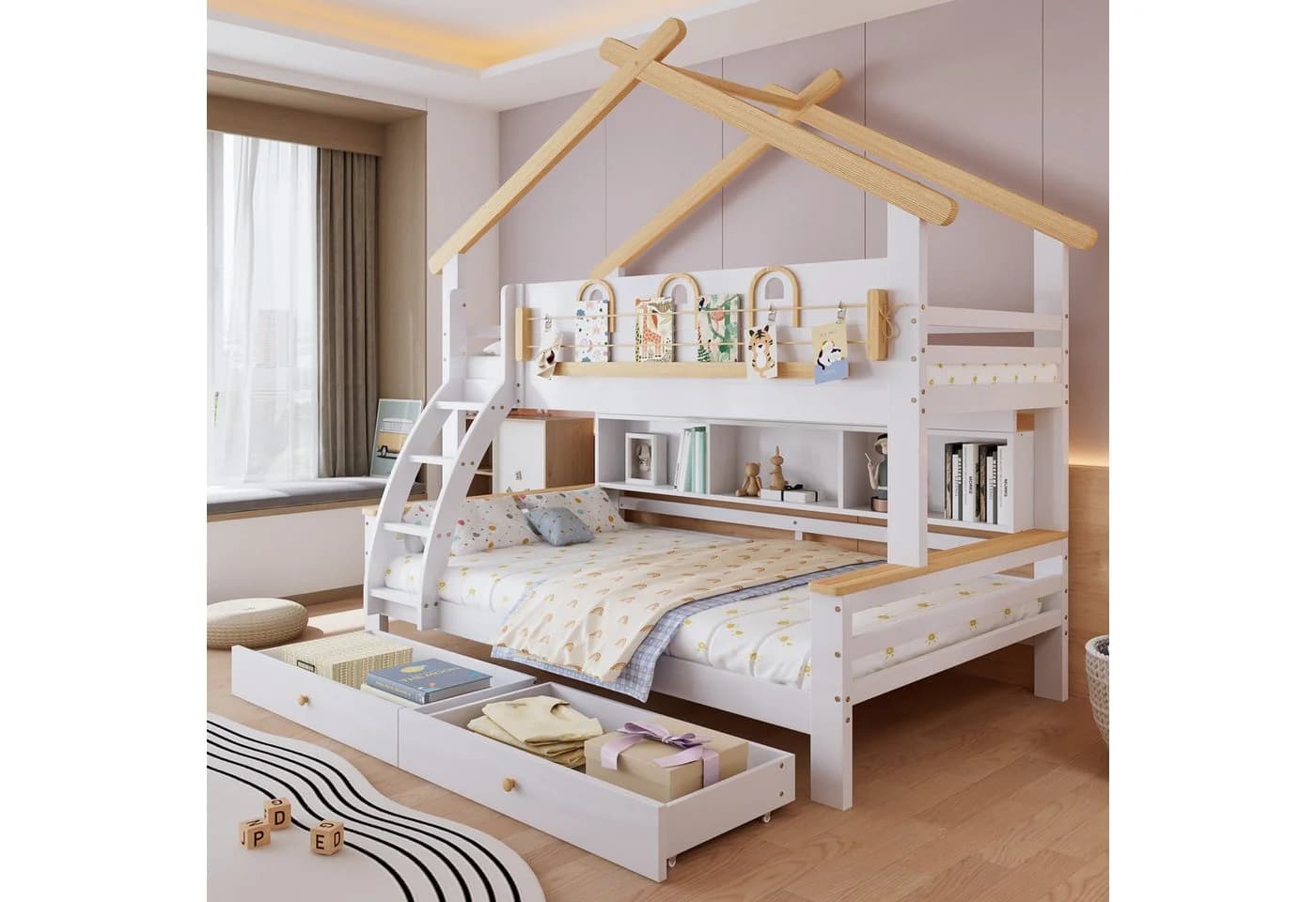 Merax Etagenbett mit Dachdesign, Schubladen & Treppe Weiß