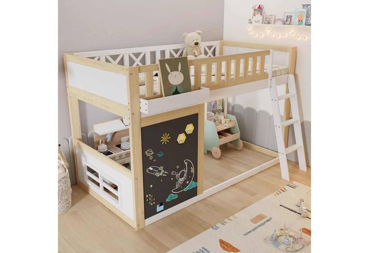 Merax Hochbett Kinderbett 90x200 Weiß mit Tafel & Stauraum - Bild 3
