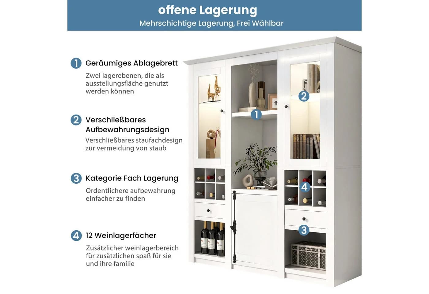 Merax Standvitrine mit LED-Beleuchtung, Buffet Stauraumvitrine Anrichte - Bild 3