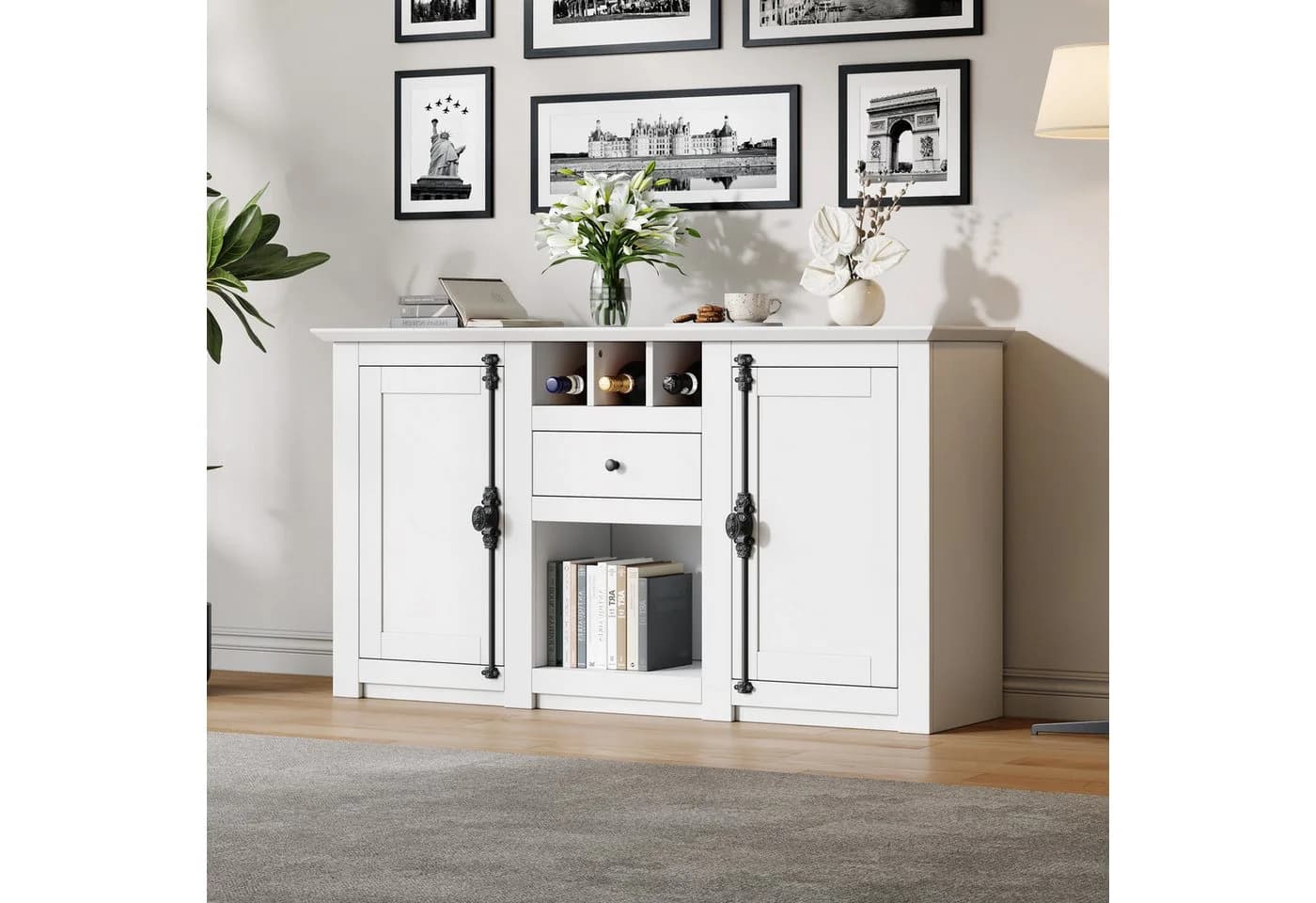 Merax Sideboard Weiß mit schwarzen Griffen Kommode mit 2 Türen, 1 Schublade, 3 Weinregalen & Halboffener Stauraum - Bild 3