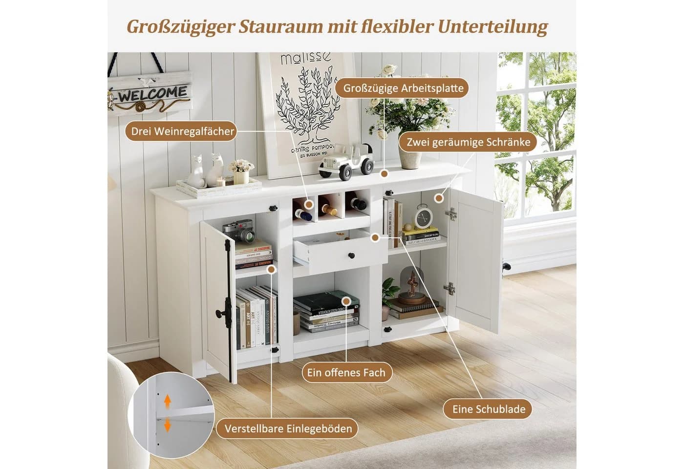 Merax Sideboard Weiß mit schwarzen Griffen Kommode mit 2 Türen, 1 Schublade, 3 Weinregalen & Halboffener Stauraum - Bild 5