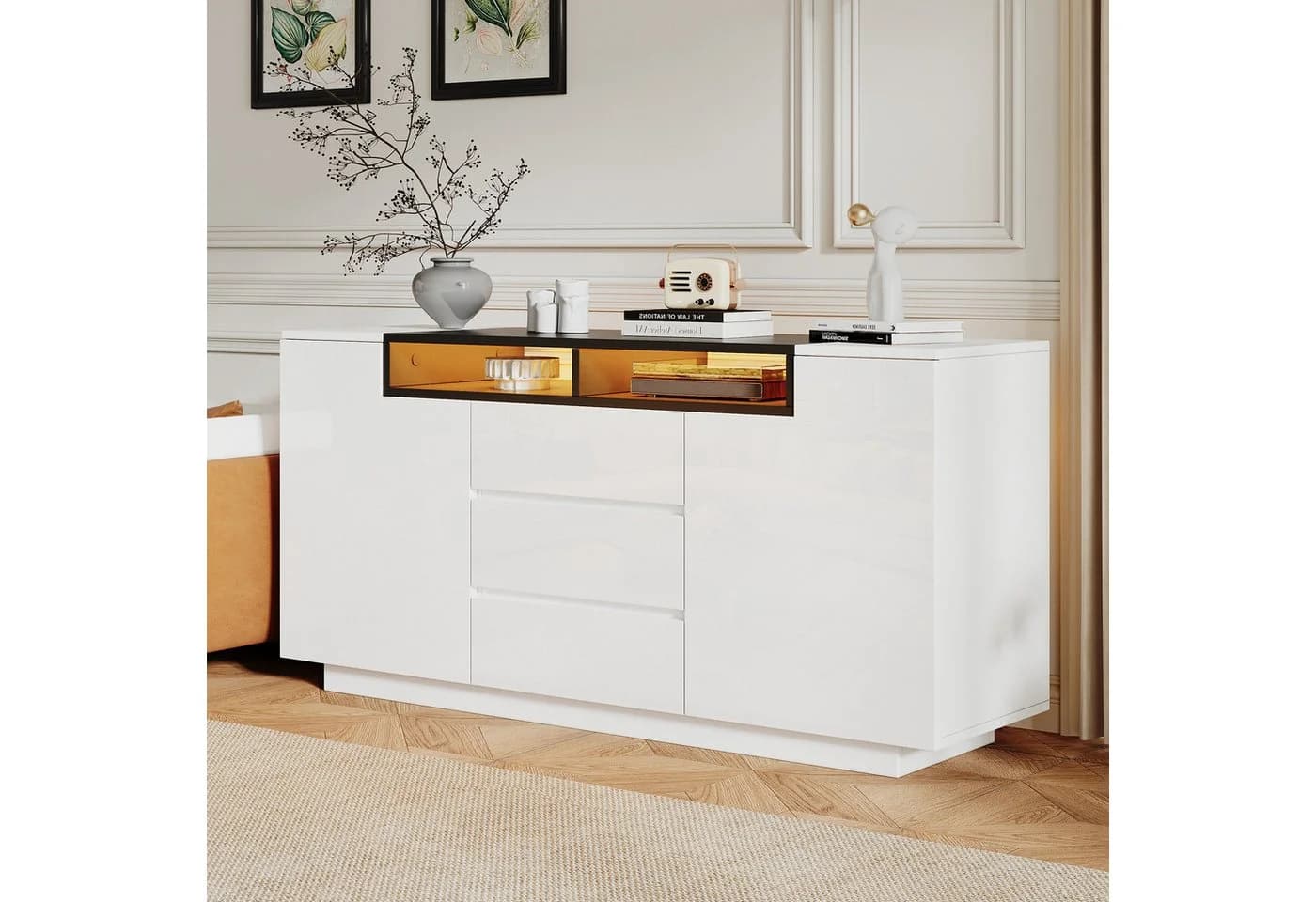 Merax Sideboard Hochglanz mit LED-Beleuchtung Weiß Schwarz - Bild 3