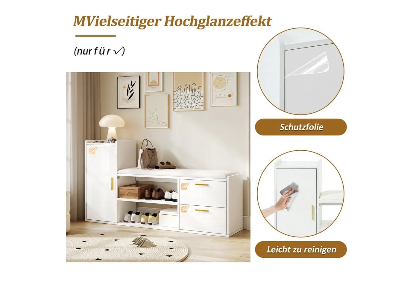 Merax Schuhbank Weiß Hochglanz mit gepolsterter Sitzfläche - Bild 4