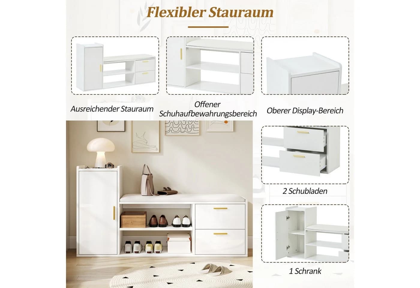 Merax Schuhbank Weiß Hochglanz mit gepolsterter Sitzfläche - Bild 5