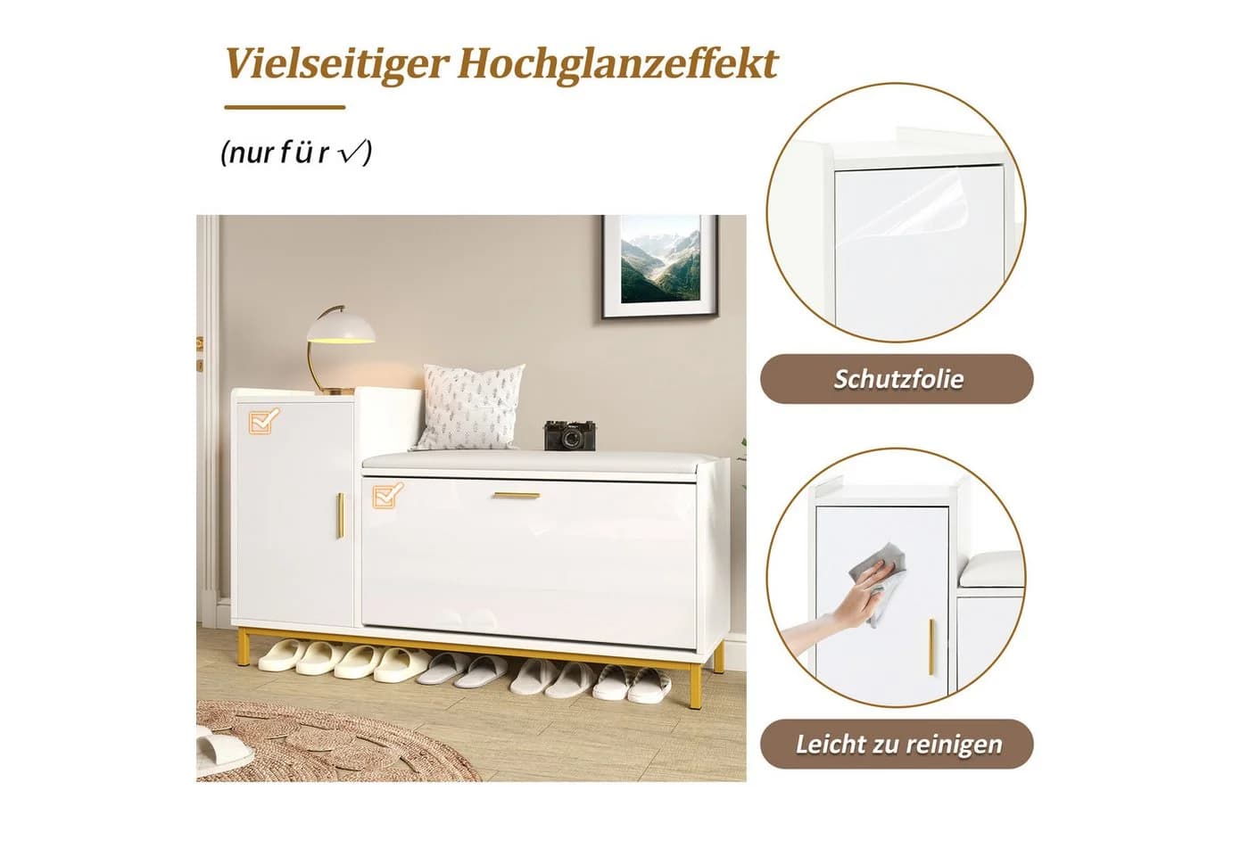 Merax Schuhbank Hochglanz Weiß Gold mit gepolsterter Sitzfläche - Bild 4