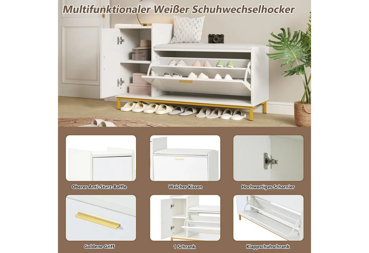 Merax Schuhbank Hochglanz Weiß Gold mit gepolsterter Sitzfläche - Bild 5