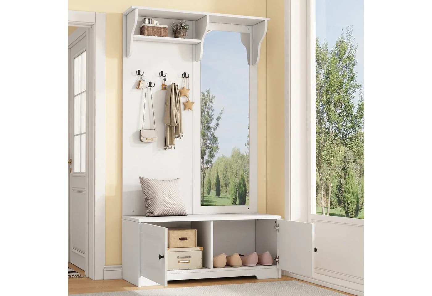 Merax Garderoben-Set mit Spiegel, Flurgarderobe mit 5 Haken, 2 Schränken, Regal, Schuhschrank & Sitzbank