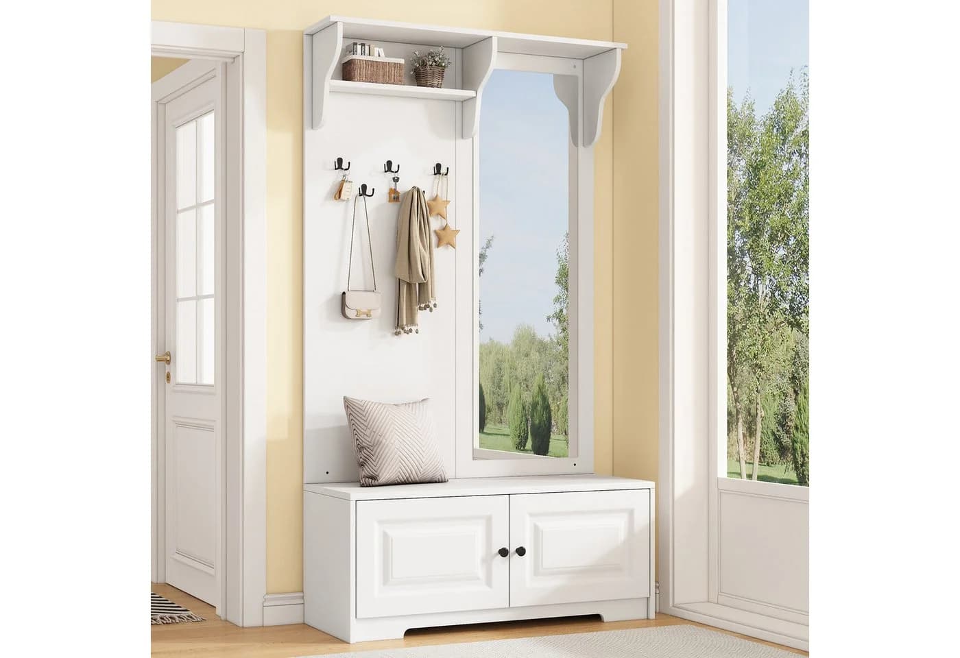 Merax Garderoben-Set mit Spiegel, Flurgarderobe mit 5 Haken, 2 Schränken, Regal, Schuhschrank & Sitzbank - Bild 2